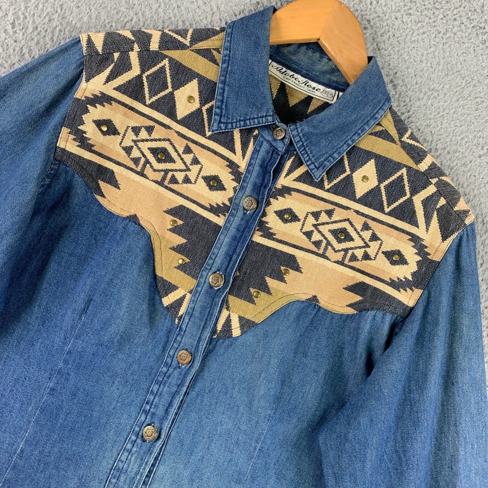Adobe Rose Southwestern Tapestry Denim Shirt Womens Large Blue Western Studded L